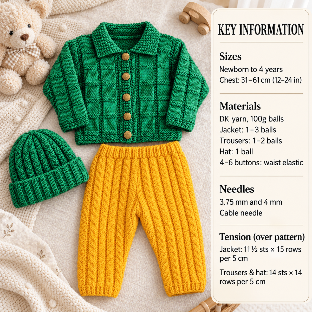 Baby Easy Jacket-Cardigan with collar -Ribbed trousers & Hat - Premature 12" -24" DK- 8Ply Light worsted-  Download PDF Knitting Pattern