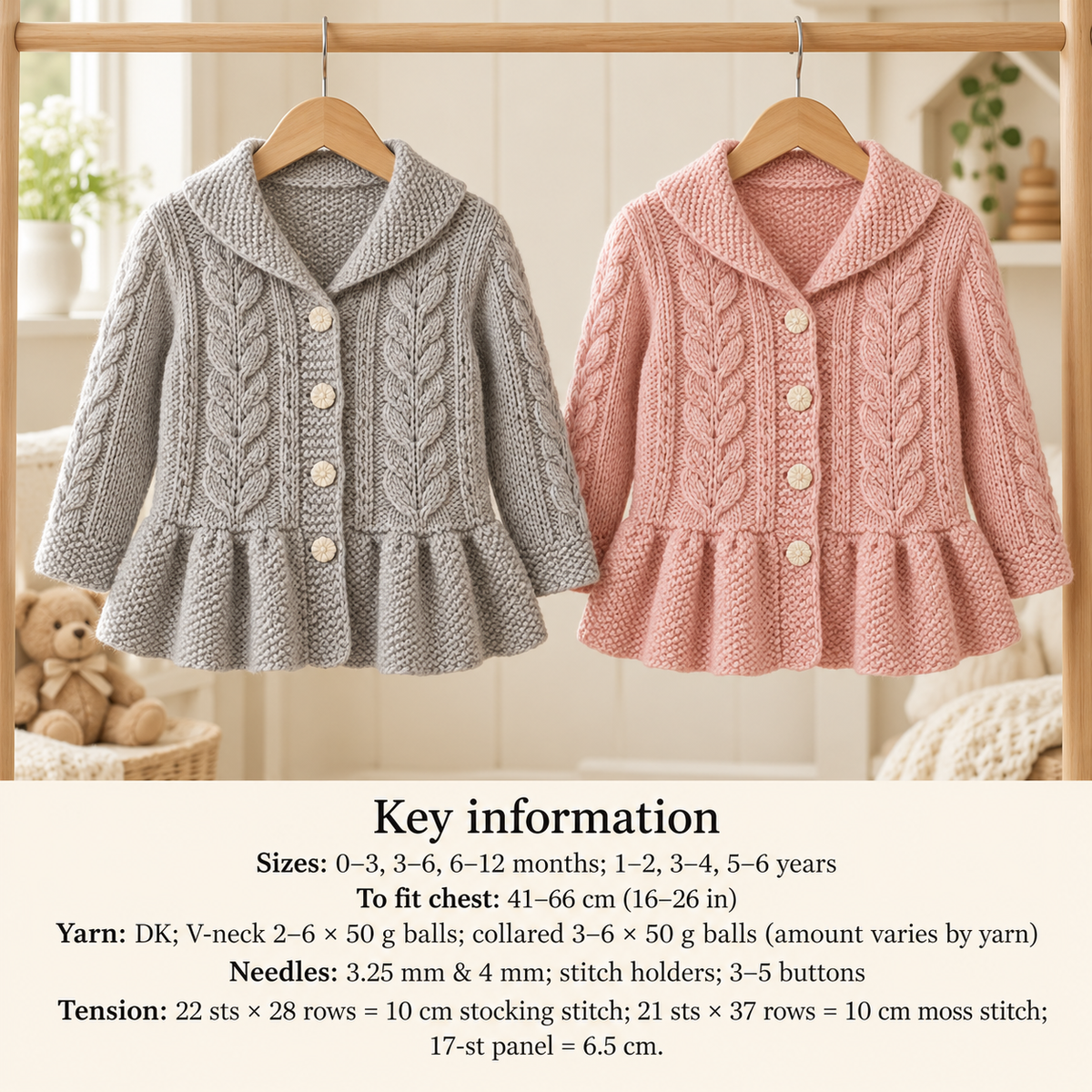 Childs V neck Cardigan with collar- Leaf Cable Pattern frilled border- DK 8ply Light worsted- 16"-6 years- Knitting Pattern download PDF