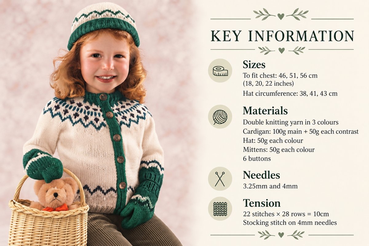 Girl's Fair Isle Cardigan & Matching hat Knitting Pattern DK (8Ply), Children 18-22 chest Instant Download PDF