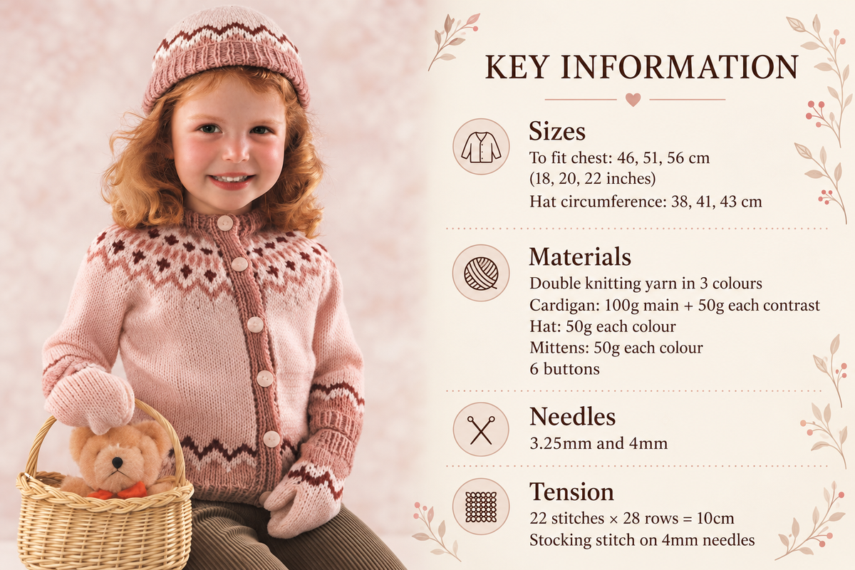 Girl's Fair Isle Cardigan & Matching hat Knitting Pattern DK (8Ply), Children 18-22 chest Instant Download PDF