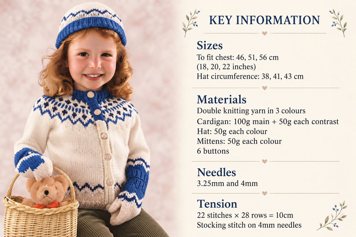 Girl's Fair Isle Cardigan & Matching hat Knitting Pattern DK (8Ply), Children 18-22 chest Instant Download PDF