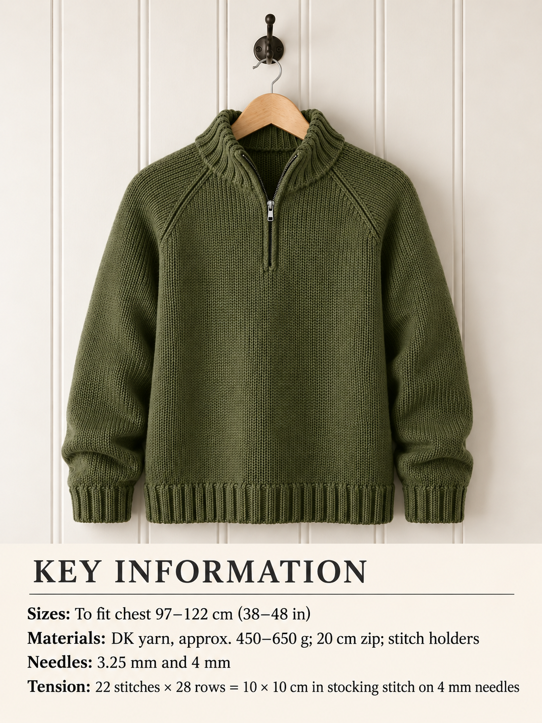 Mens Raglan Zip Jumper Knitting Pattern - DK Wool, Oversize Fit (PDF Download)