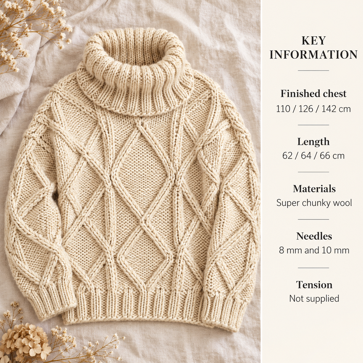 Woman's Big Chunky Knit  Polo Neck Cable Sweater - Bulky Sweater Knitting Pattern  fits 32-44 chest Knitting Pattern download PDF