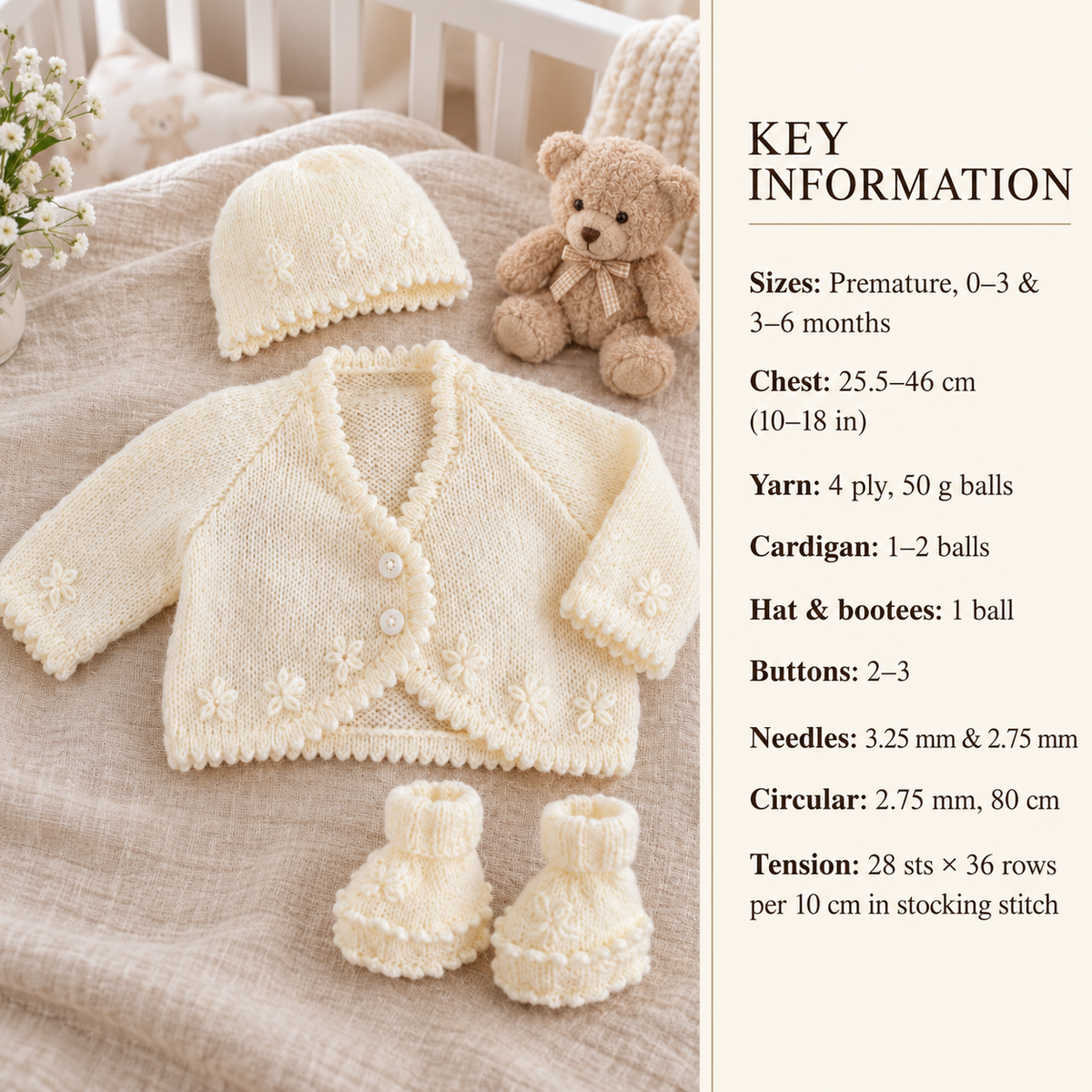 Baby Girl Scalloped edge Daisy Cardigan-Scalloped edge hat  ( 4PLY ) Yarn Premature Premie baby chest 10" - 18 ins- Download PDF (Copy)