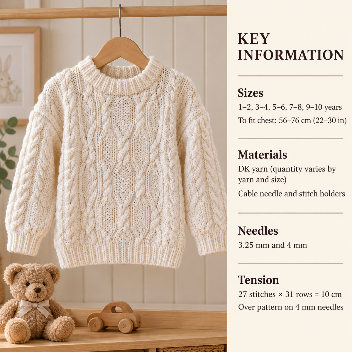 Childrens round neck Sweater- Cable Pattern DK 8 ply Light worsted wool  22-30" ( 1 - 10 Years)  Boy Girl knitting pattern download PDF