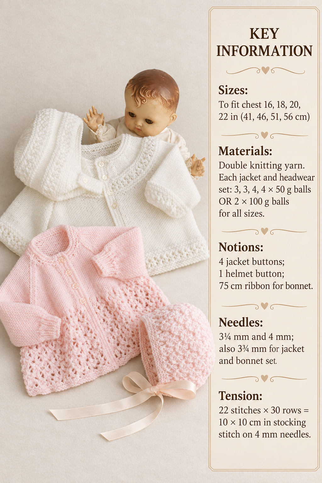 Baby Matinee Jacket Coat Cardigan Lacy & Plain Raglan Yoked Bonnet Helmet 16 - 22 " DK 8 Ply Light Worsted PDF Download Knitting Pattern