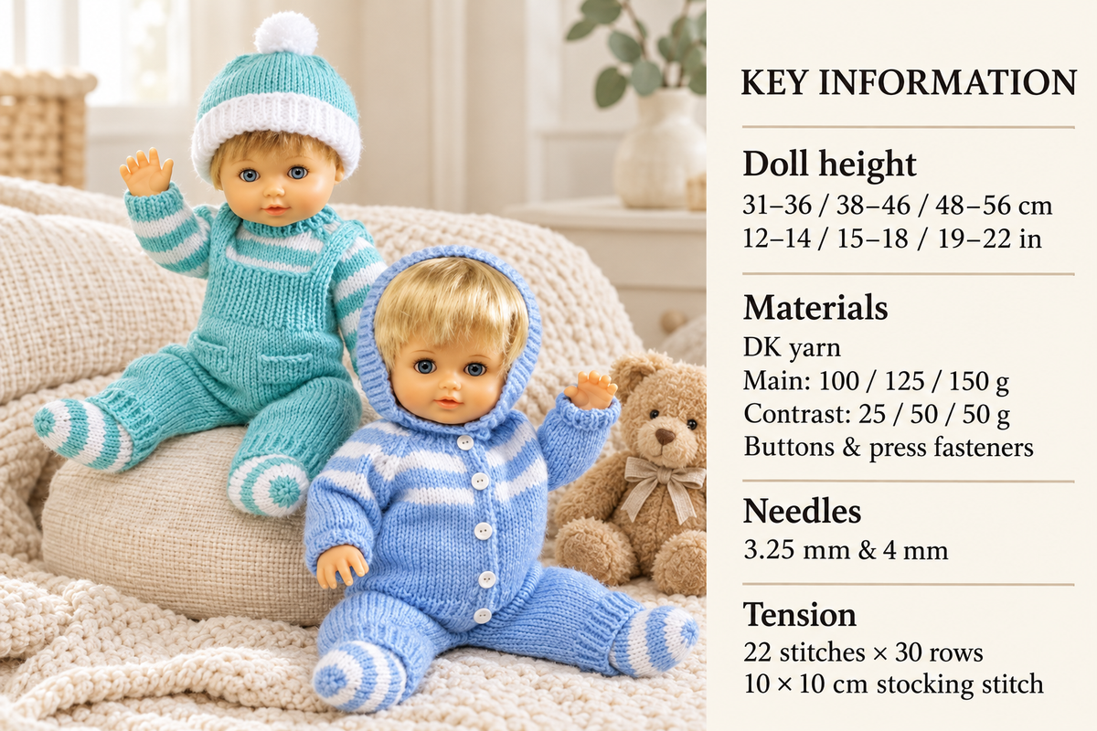 Baby Dolls Knitted  Pram set  sweater dungarees cardigan Dolls Clothes 12-22 inch DK 8 Ply Yarn Knitting Pattern PDF download