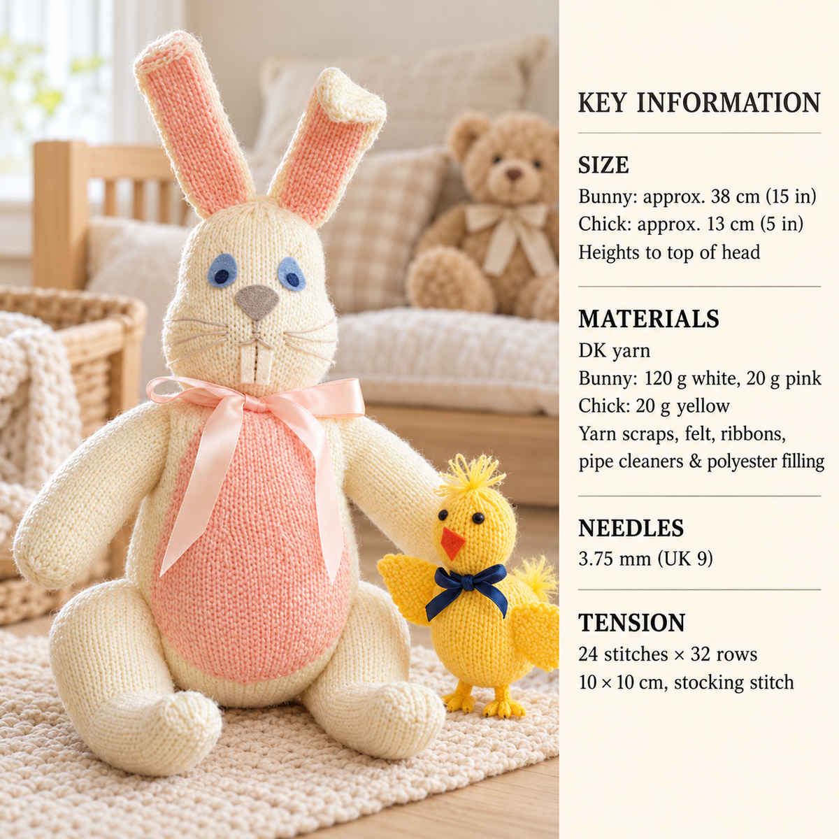 Easter Bunny, Chick & Eggs Knitting Pattern – Vintage DK Wool (PDF Download)
