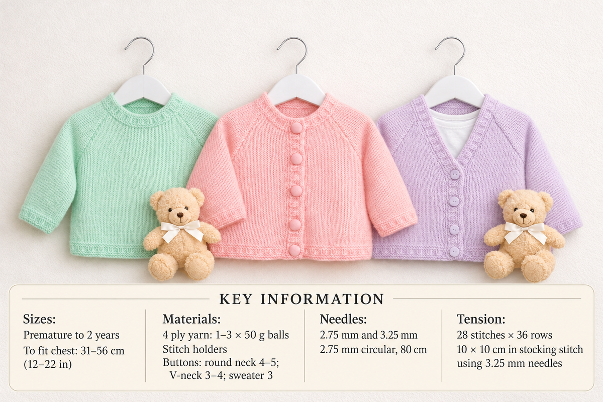 Easy Beginners Baby Cardigans & Sweater  3 styles in 4 Ply Fingering 12" - 22" Premature small baby Knitting Pattern pdf Digital Download