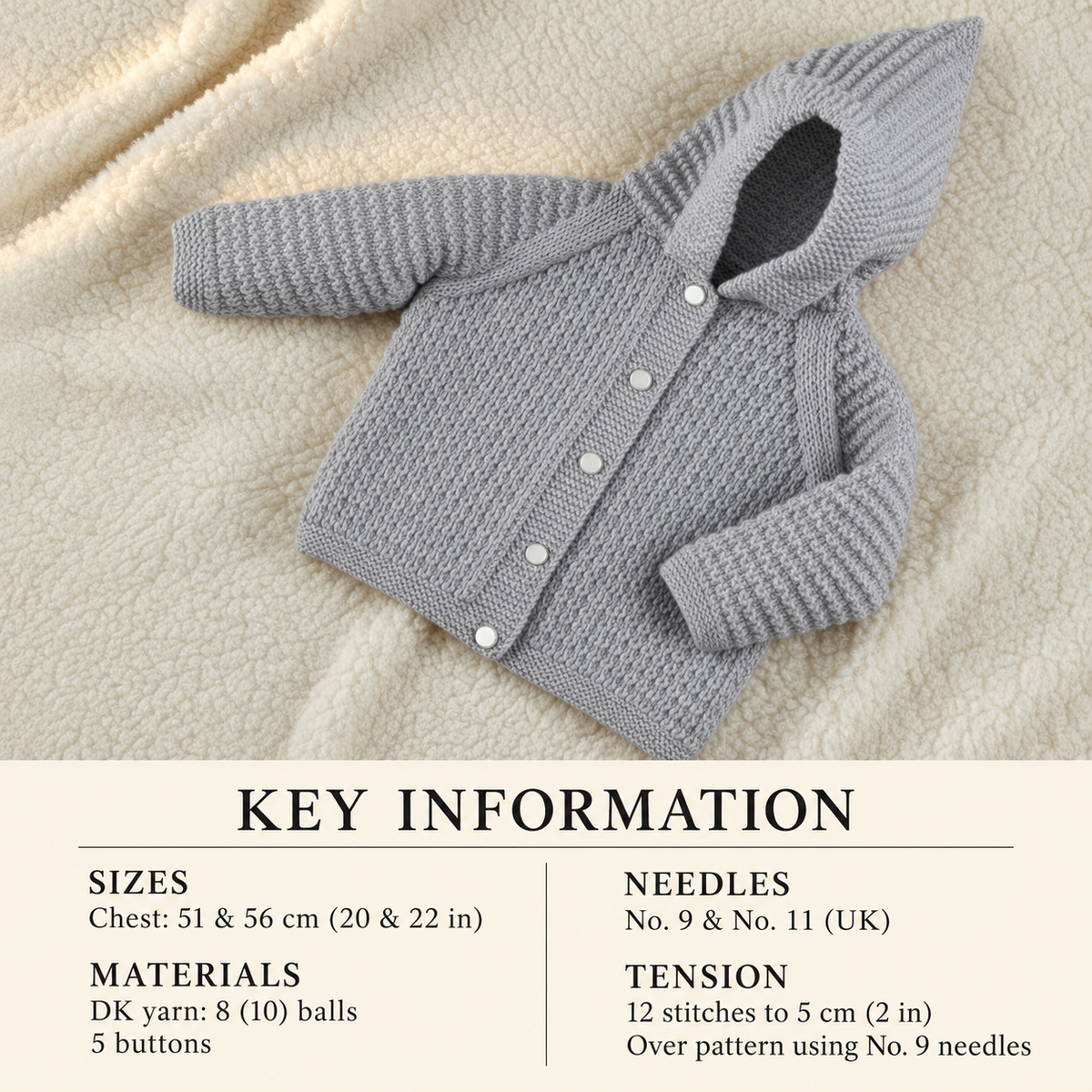 Easy Beginner Baby Hooded Jacket -Boy or Girl- DK-8ply Knitting Pattern 20-22" chest Download PDF