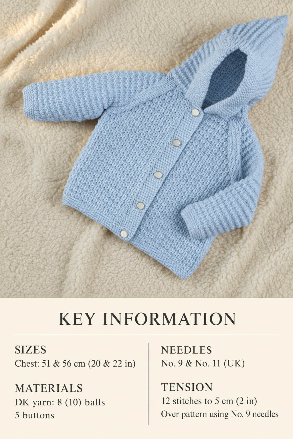Easy Beginner Baby Hooded Jacket -Boy or Girl- DK-8ply Knitting Pattern 20-22" chest Download PDF