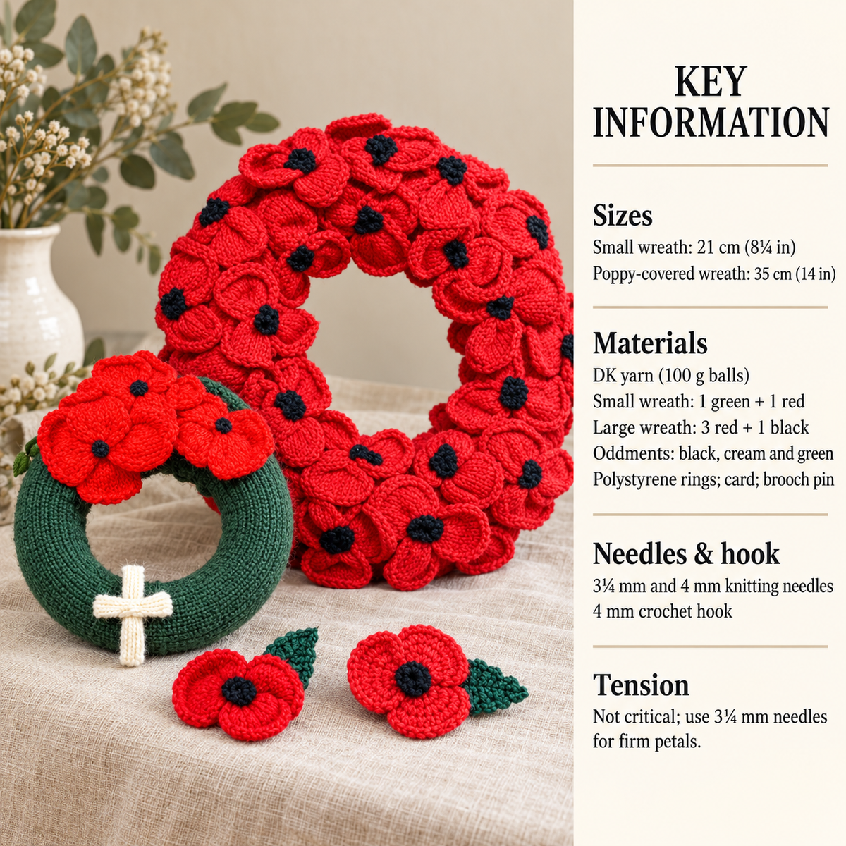 Poppy Wreaths  to Knit in DK/8ply Light worsted wool-  Remembrance - Poppies -Download Knitting Pattern PDF