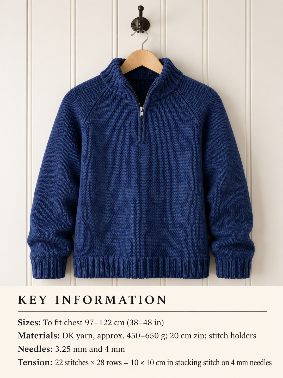 Mens Raglan Zip Jumper Knitting Pattern - DK Wool, Oversize Fit (PDF Download)