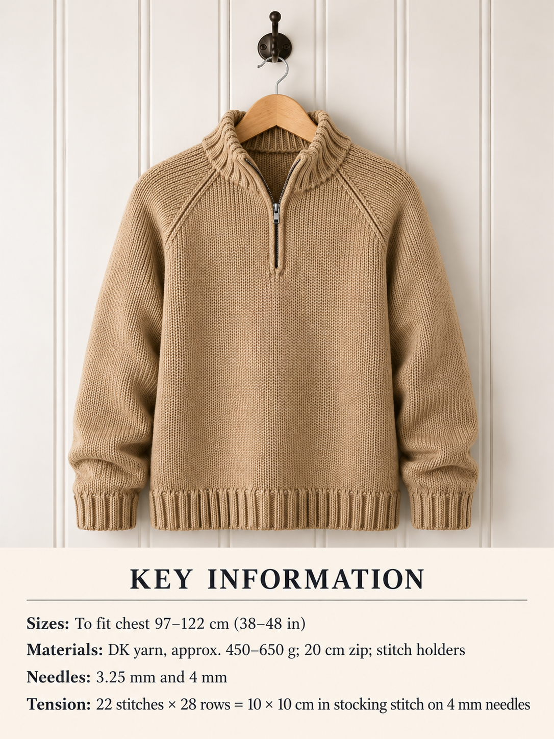 Mens Raglan Zip Jumper Knitting Pattern - DK Wool, Oversize Fit (PDF Download)
