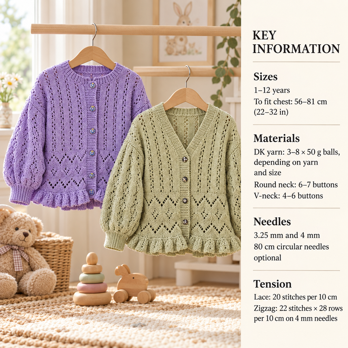 Girl's Frilled Frilled Hem Eyelet lace cardigan Round V Neck 8ply DK Light Worsted - chest 22-32" (1 - 12 Yrs) Knitting pattern download PDF