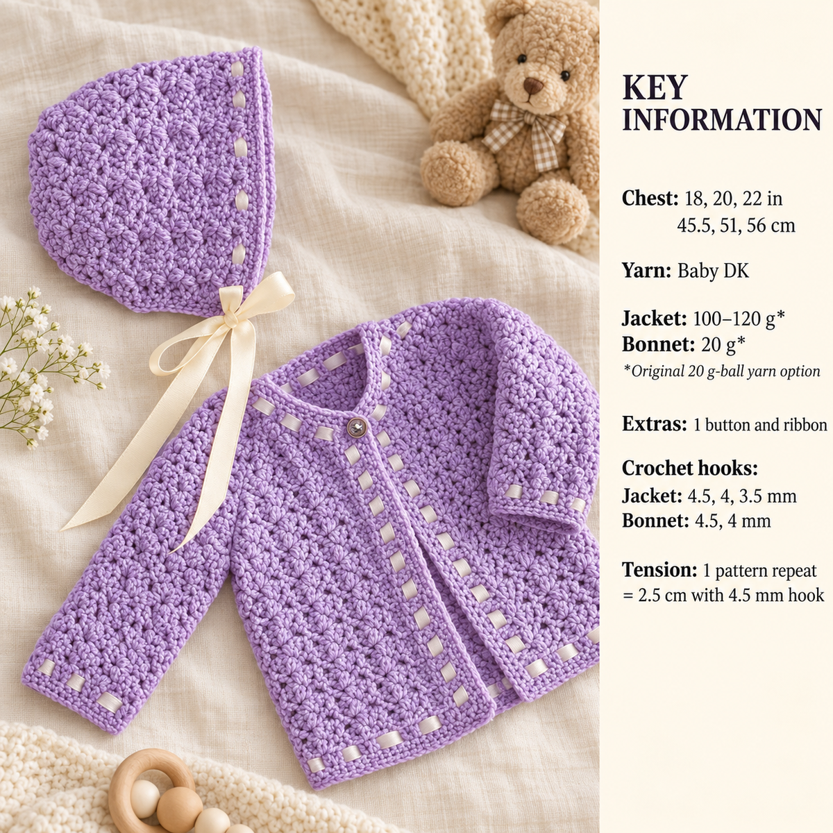 Baby Crochet Cardigan Matinee Jacket  Bonnet Girls-  DK 8 Ply Light fingering wool- 18" ~ 22"  Vintage Crochet Pattern Download PDF
