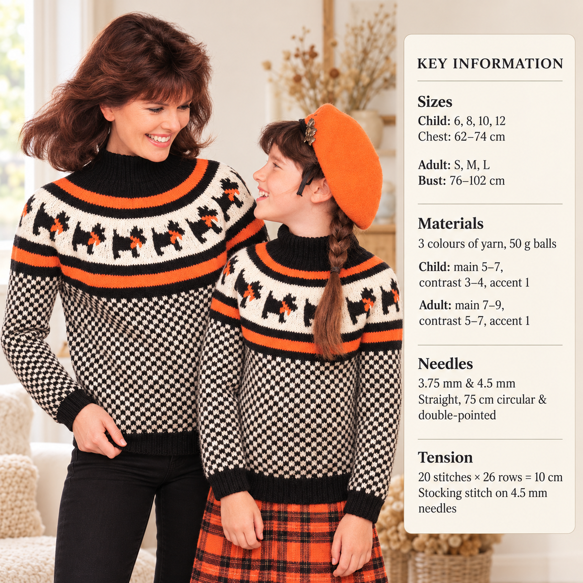 Woman's Child's Scottie Dog Yoked  dog tooth design sweater-Chest 24" up to 40" Aran  10Ply worsted yarn  Knitting pattern Download PDF