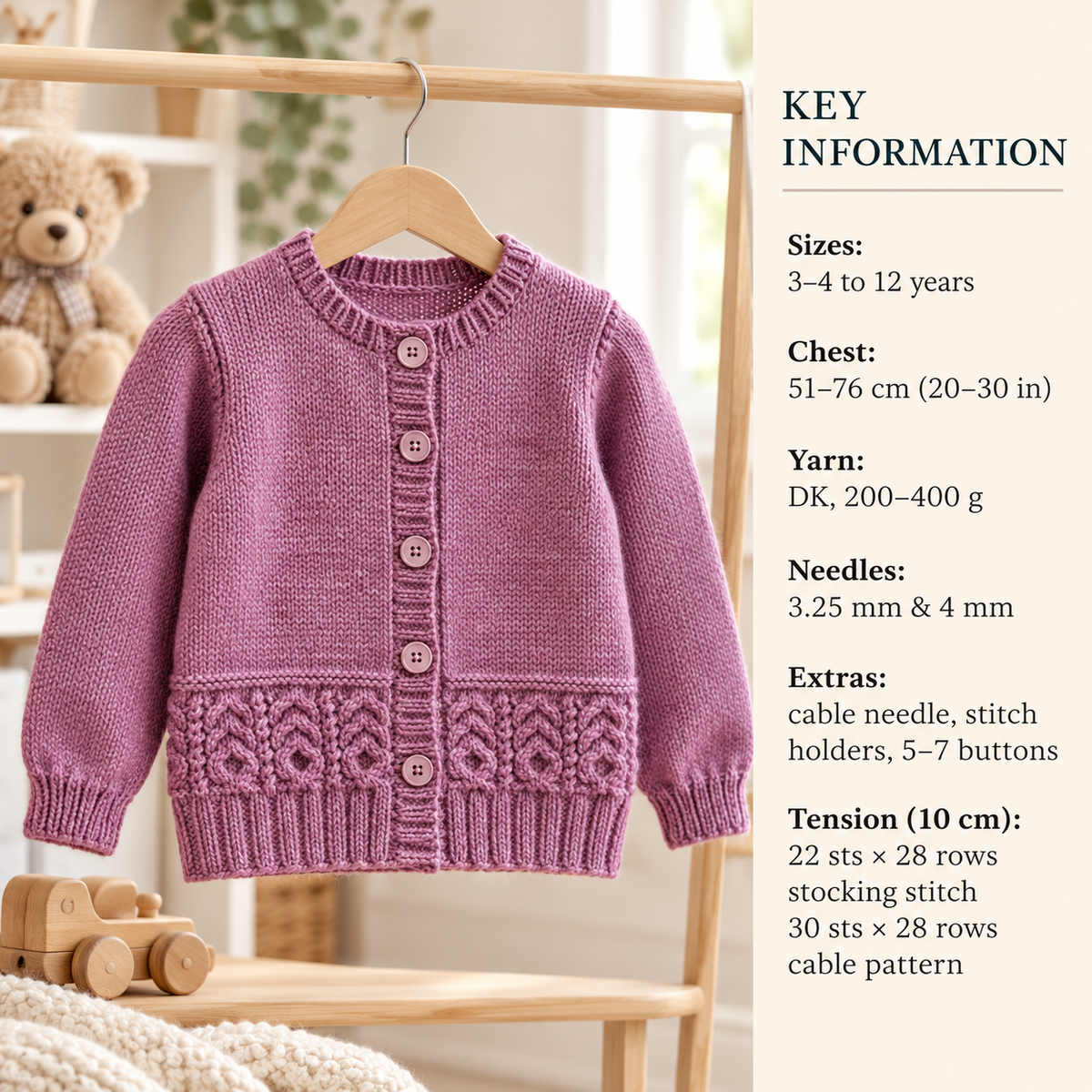 Girls Cardigan with Cable Border ~ 20 - 30'' (3 - 12 yrs) DK Wool 8ply Light Worsted Knitting Pattern