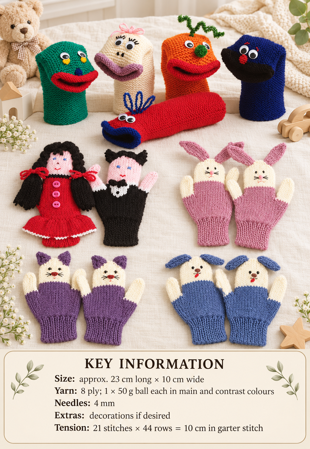 Childs Novelty Monster Puppets & Puppet Mitts Gloves to knit- cute- different- DK 8 ply Knitting Pattern- PDF Instant Download