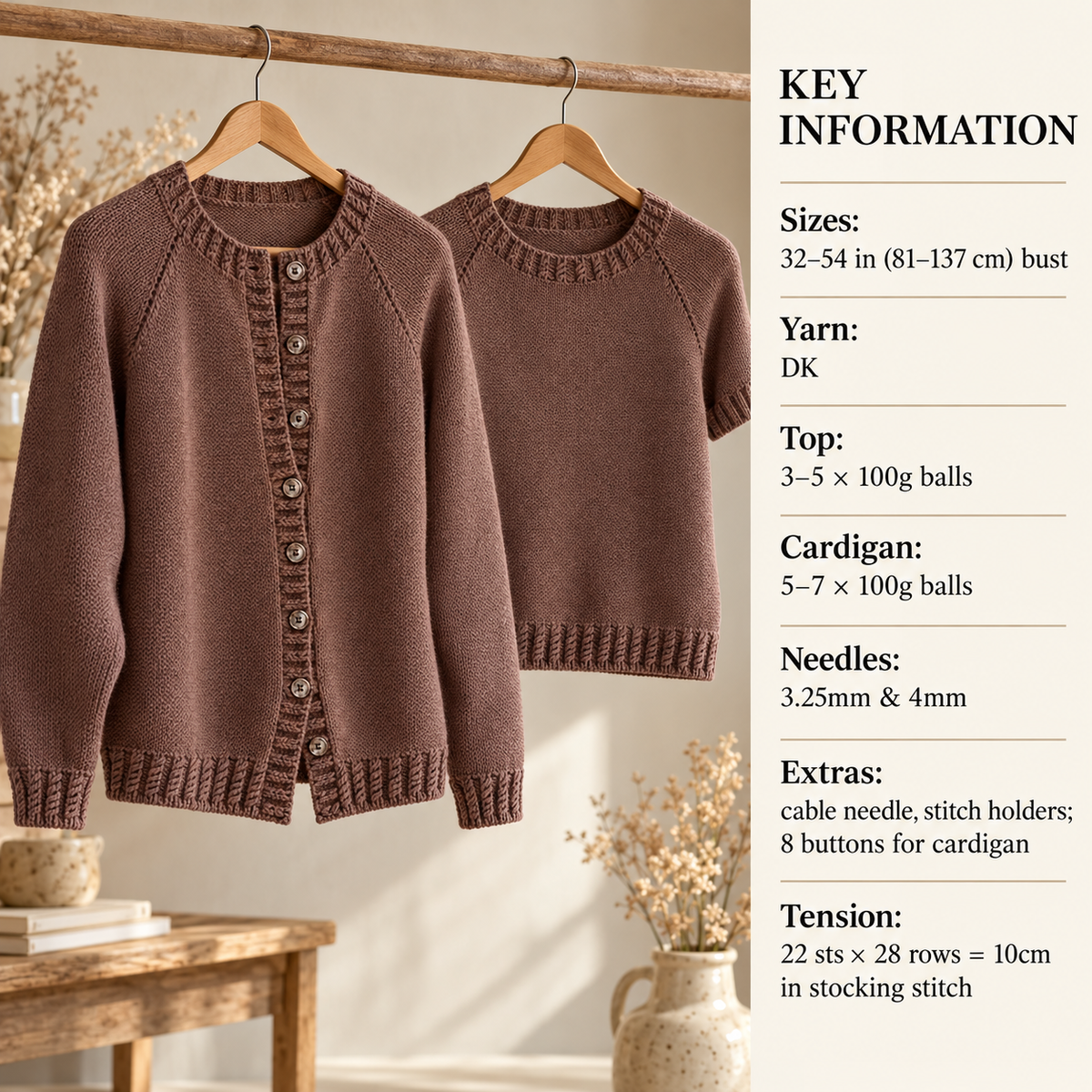 Womens round Neck Short sleeve Raglan Sweater Top & Cardigan- Twin set -Easy Knit 32"-54" in DK 8ply Wool Knitting Pattern PDF download