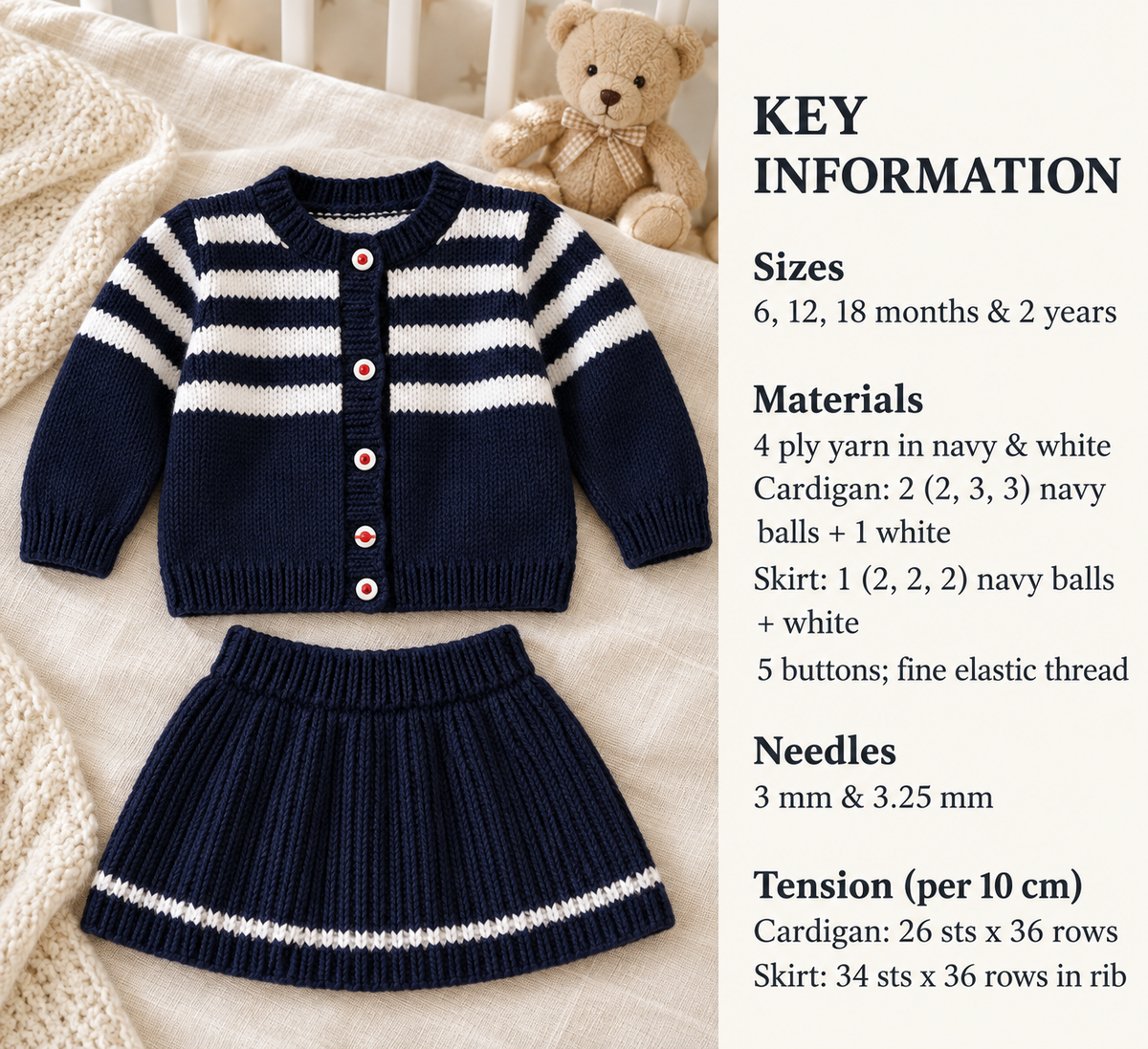 Girl's Stripey Jacket Cardigan-& Knitted Skirt in 4 Ply-Fingering Fits "21"-25" or  ( 6-24 months)-- Knitting Pattern Download PDF