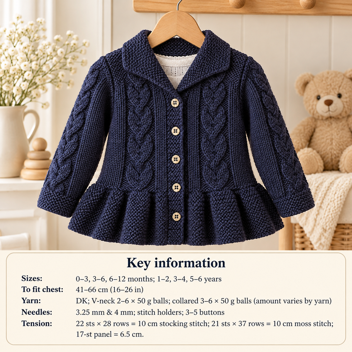 Childs V neck Cardigan with collar- Leaf Cable Pattern frilled border- DK 8ply Light worsted- 16"-6 years- Knitting Pattern download PDF