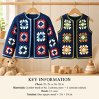 Girl's Crochet Granny Squares Cardigan & Waistcoat 4ply Fingering yarn or Cotton No 3  Download PDF 22- 28 Chest- Crochet pattern vintage