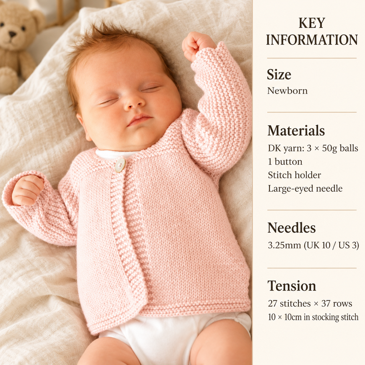Easy Beginner Newborn Cardigan Jacket Garter & Stocking Stitch Newborn Size ~ DK 8 Ply Light Worsted Knitting Pattern pdf download