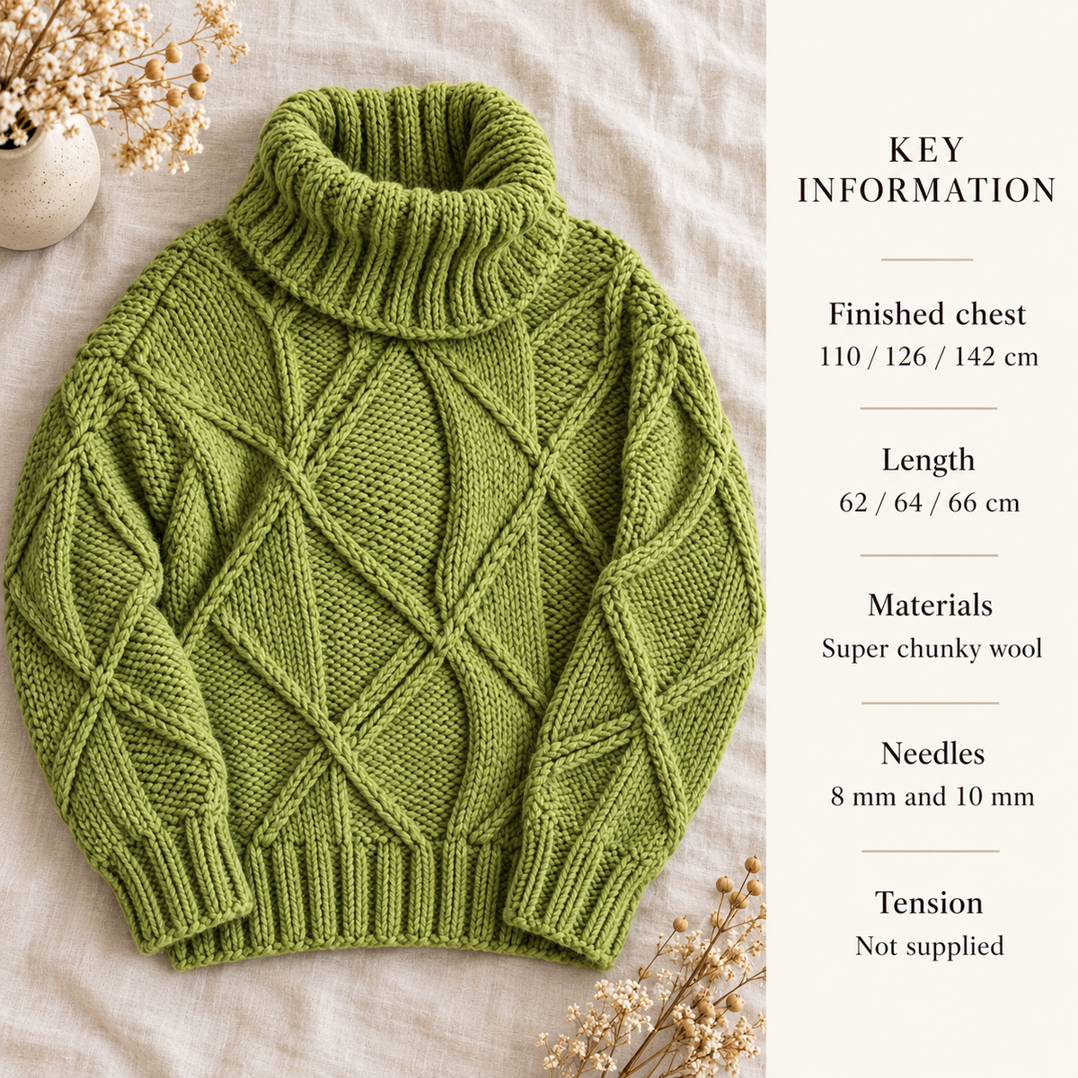 Woman's Big Chunky Knit  Polo Neck Cable Sweater - Bulky Sweater Knitting Pattern  fits 32-44 chest Knitting Pattern download PDF