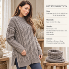 Woman's Round Neck Cable Sweater*Side Split* optional Knitted Cowl- Sizes 32" * 50 " chest * Knitting Pattern Download PDF Aran 10 ply yarn