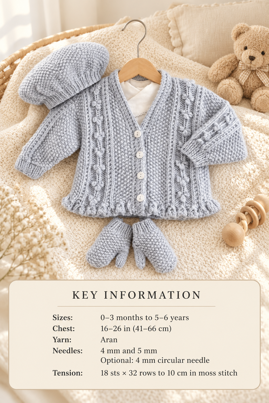 Girl's  aran cardigans-beret and mitts on 1 pattern. fits chest 16-26 inches instant download pdf