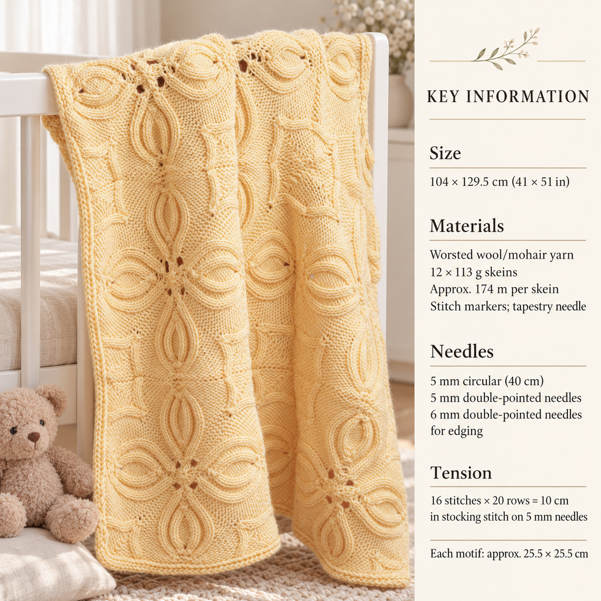 Baby Tulip Motif Blanket-Afghan -Shawl in DK- 8Ply -Worsted Weight Yarn . Measures 41" x 51"  PDF Knitting Pattern Instant Download