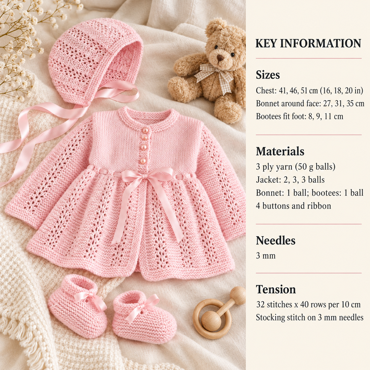 Baby Girl Matinee Jacket Bonnet Booties Set in 3 ply yarn- fits 16" - 20" PDF Vintage Knitting Pattern PDF Download