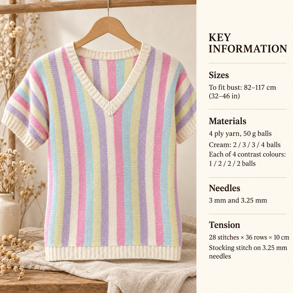 Women's Striped V Neck short sleeved  Summer Sweater Jumper 32"-46" 4 ply Fingering Wool Knitting Pattern PDF download