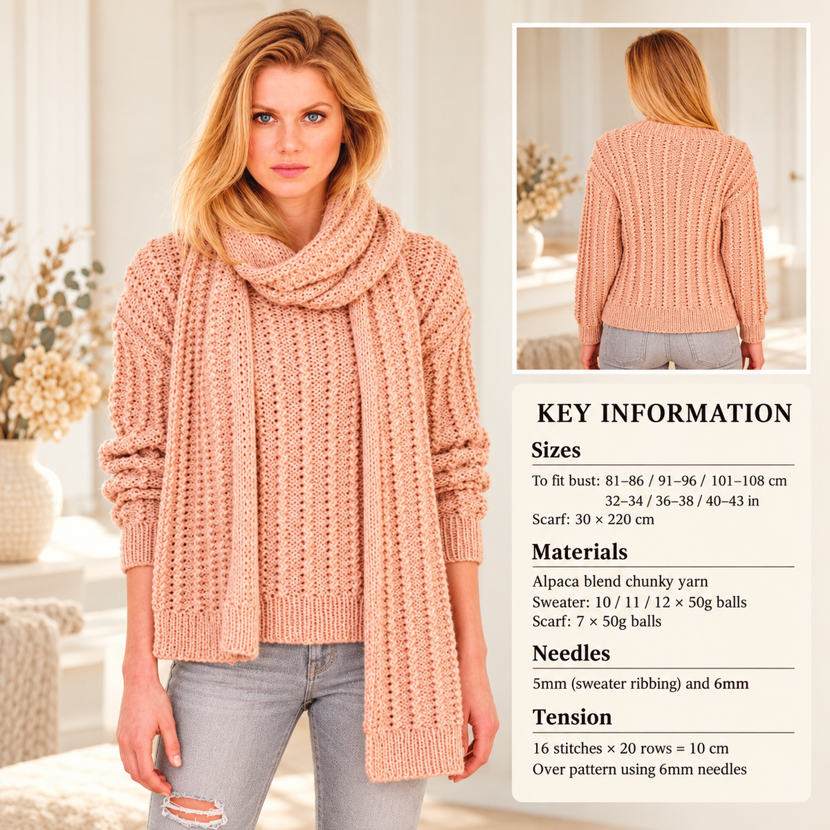 Woman's Textured Cable Sweater & Scarf In Chunky Bulky 12 ply Yarn-  32" - 43~ Chunky Knitting Pattern PDF download- Winter Knitting