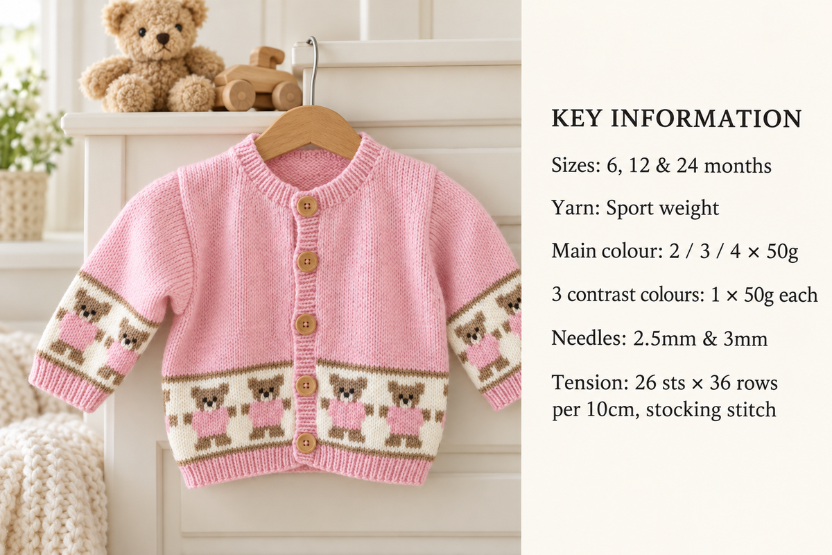 Baby Toddler Teddy Bear Motif Cardigan & Bootees 6 months - 2 years ~ Sports Weight Knitting Pattern pdf instant download