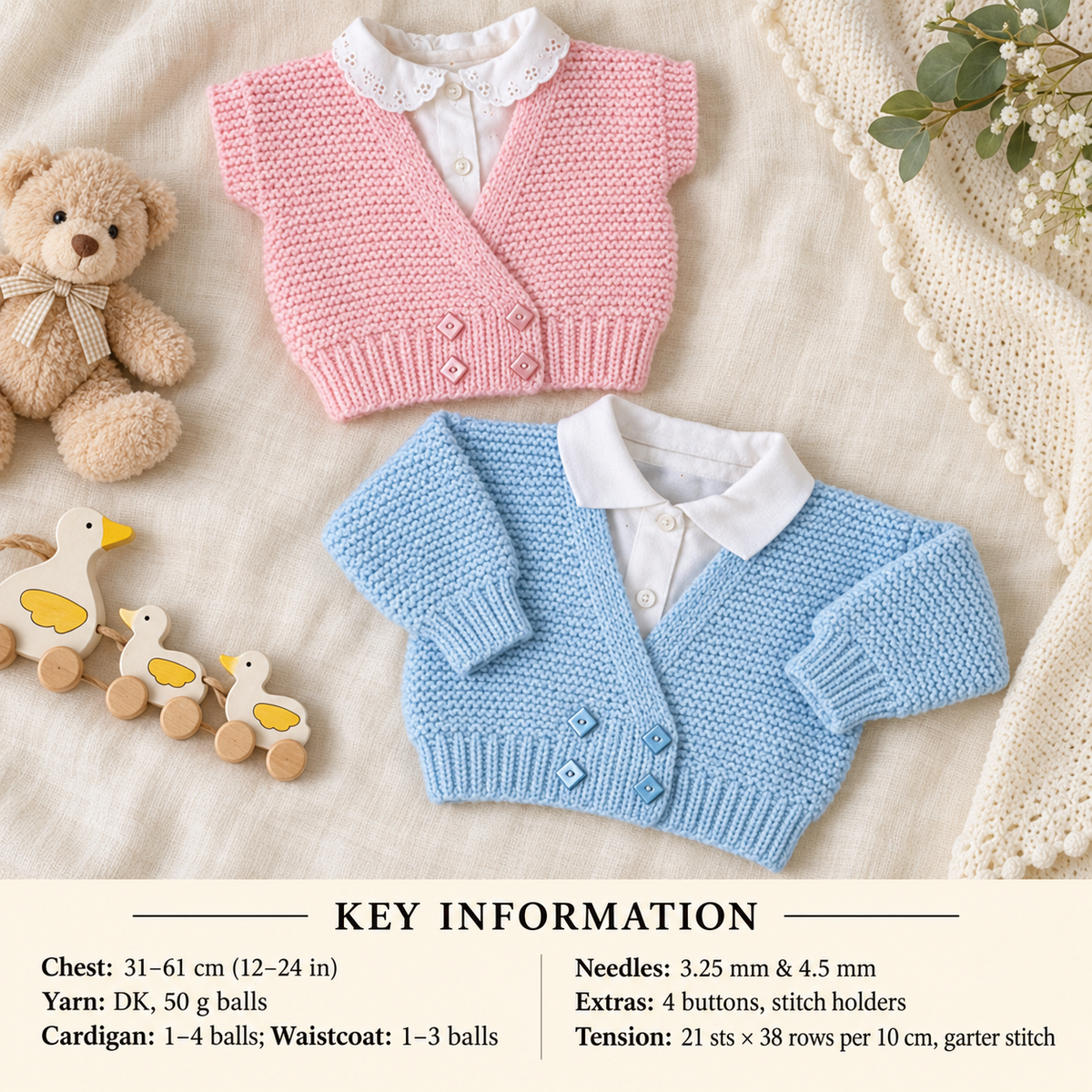 Baby Garter Stitch Cardigan & Waistcoat Knitting Pattern (PDF)
