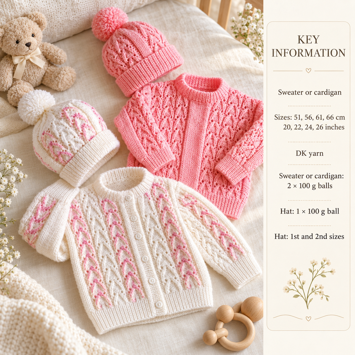 Baby Cardigan Textured plain or 2 colours & Hat Knitting Pattern, DK Yarn (20-26" chest