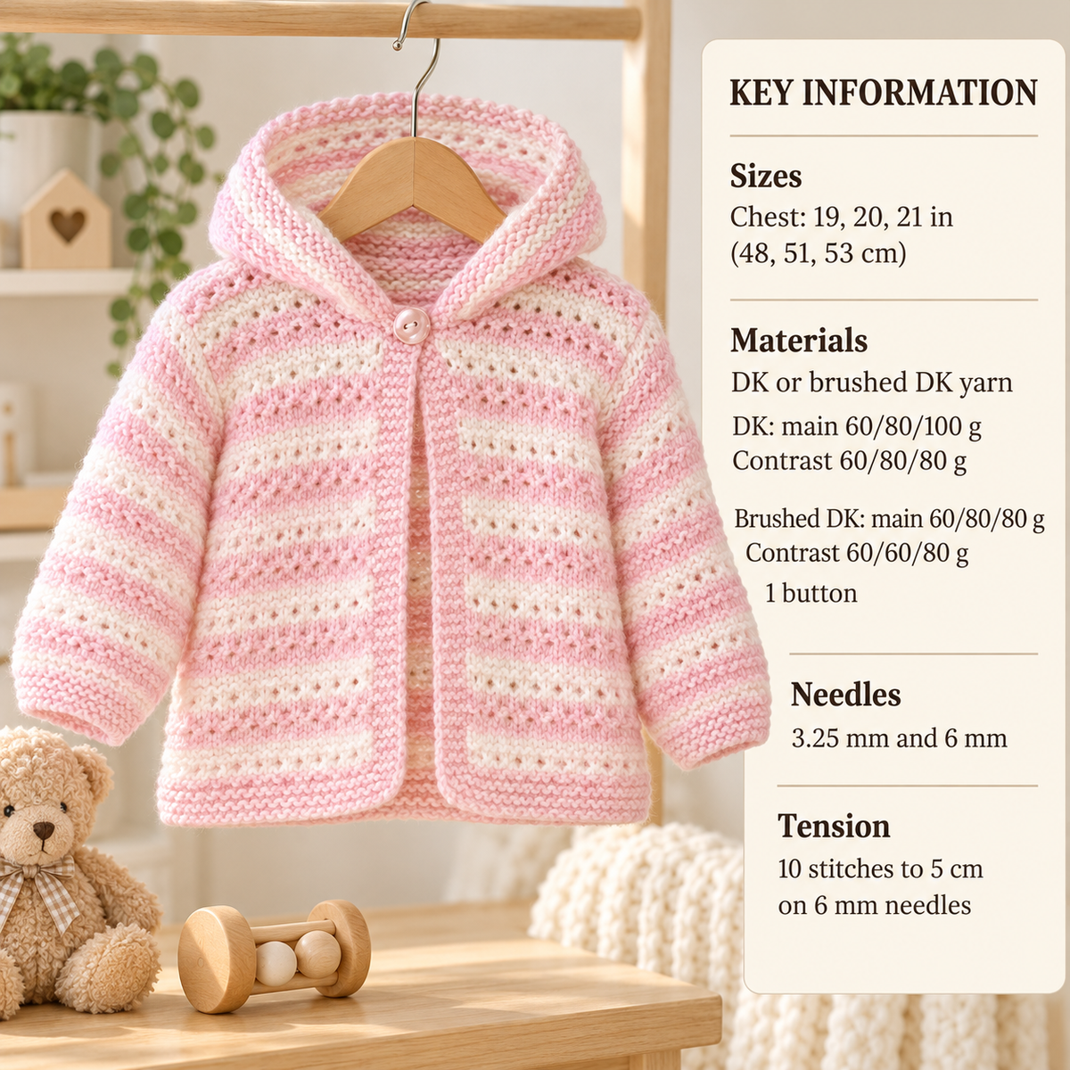 Baby Girl Hooded Cardigan easy Knit - Button front 19 -21"  DK 8PLY Light worsted wool- Knitting pattern