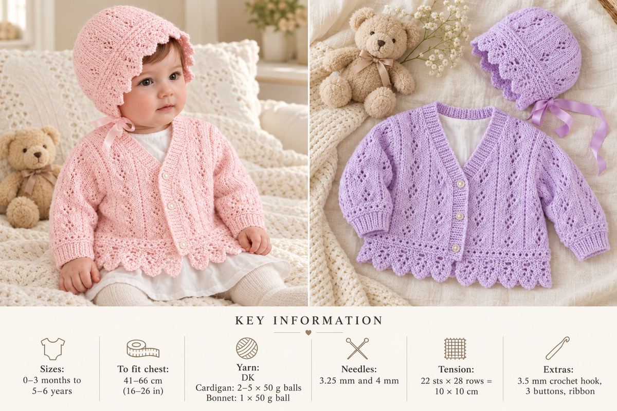Baby Girls Lacy Cardigan and Bonnet Knitting Pattern (Newborn-6 yrs) – DK 8ply PDF