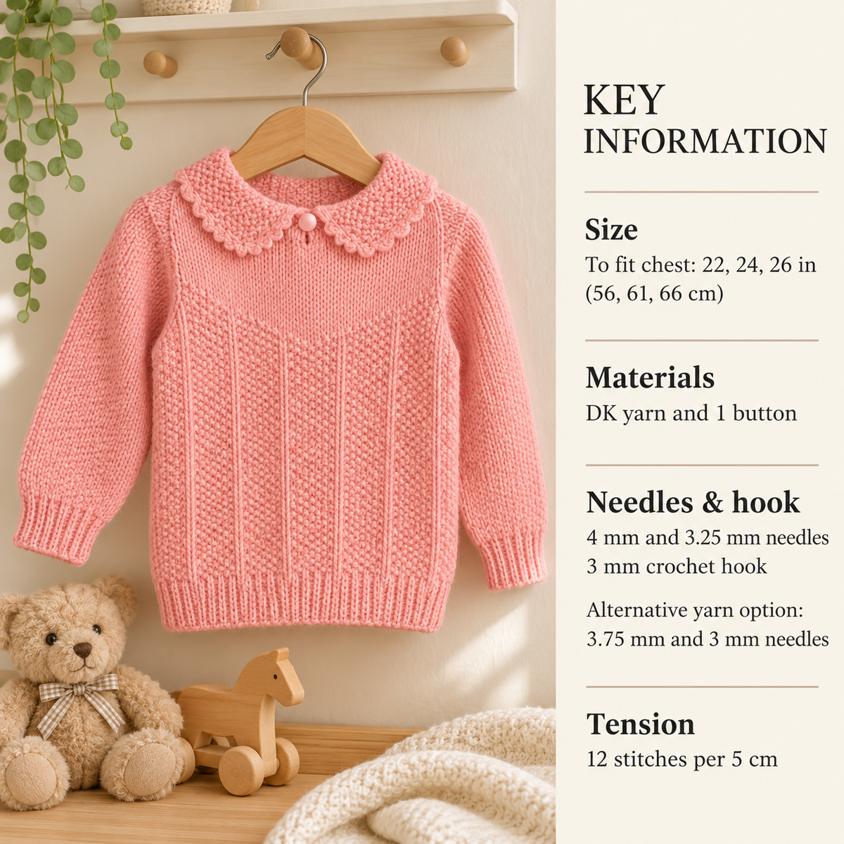 Vintage Girls Ribbed Jumper Knitting Pattern, DK, 4 Ply (PDF Download)
