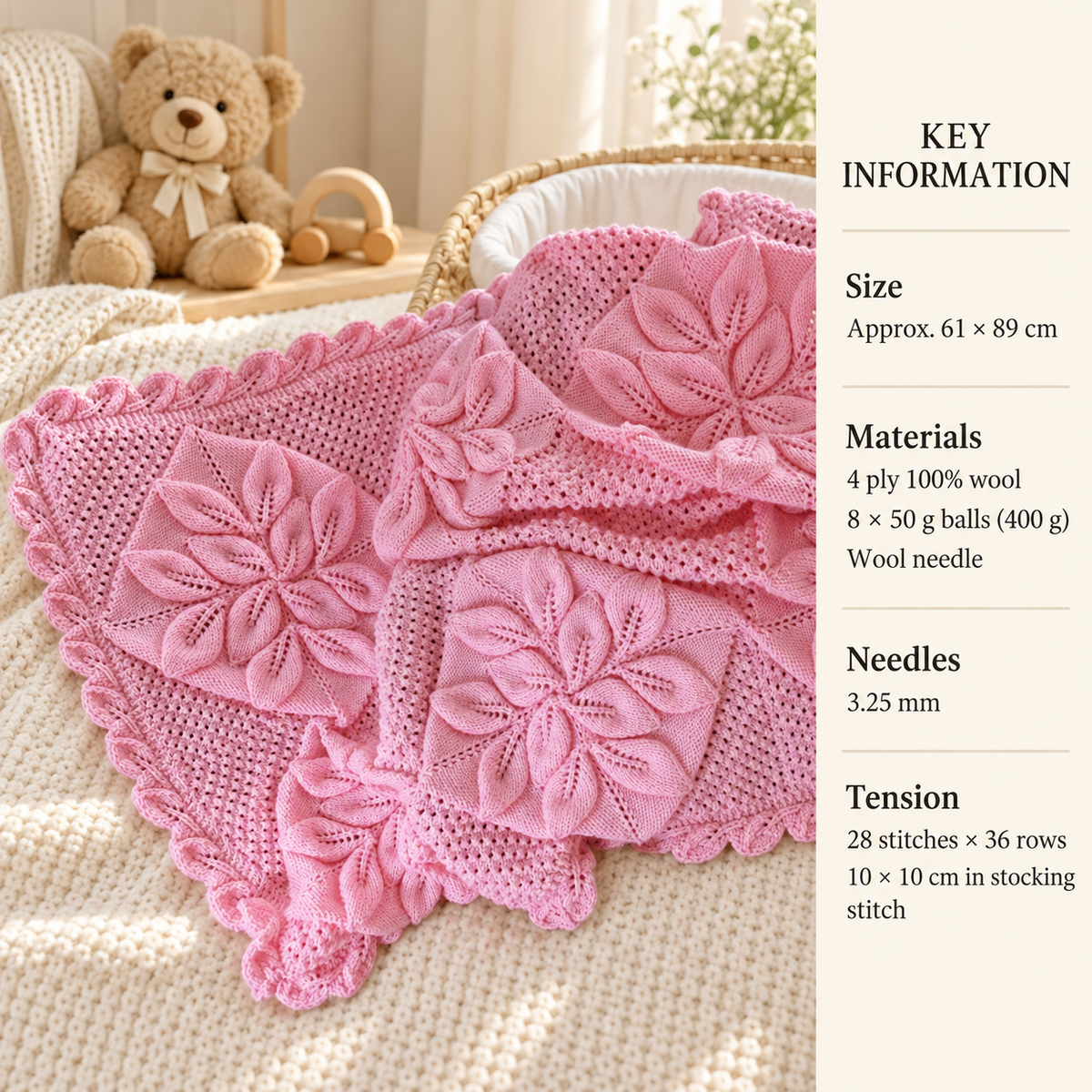 Popular Traditional Embossed leaves Baby Afghan- Blanket Cot- Pram Vintage knitting pattern in 4ply Fingering yarn 61 x 89 cm Download PDF
