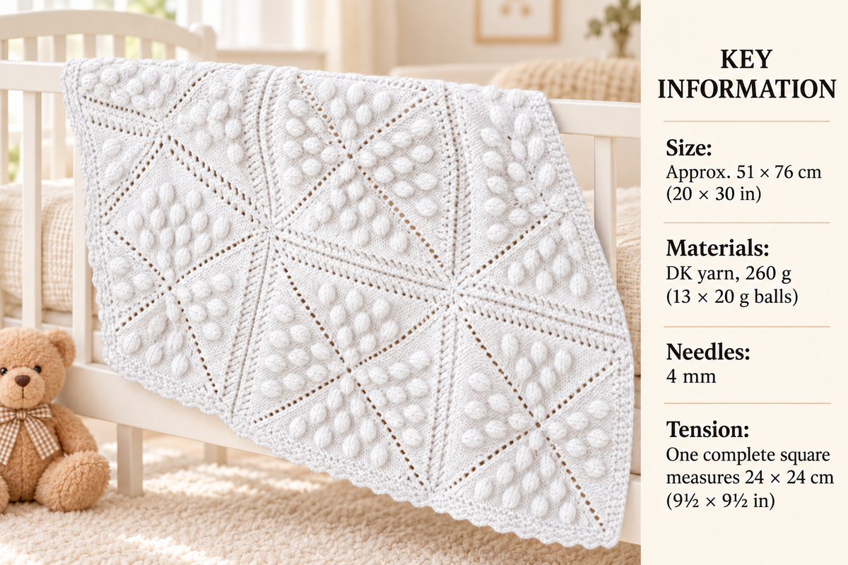 Triangle Bobbly Textured Design Cot Crib Pram Blanket DK (8 ply) 20" x30" Vintage Knitting Pattern PDF Download