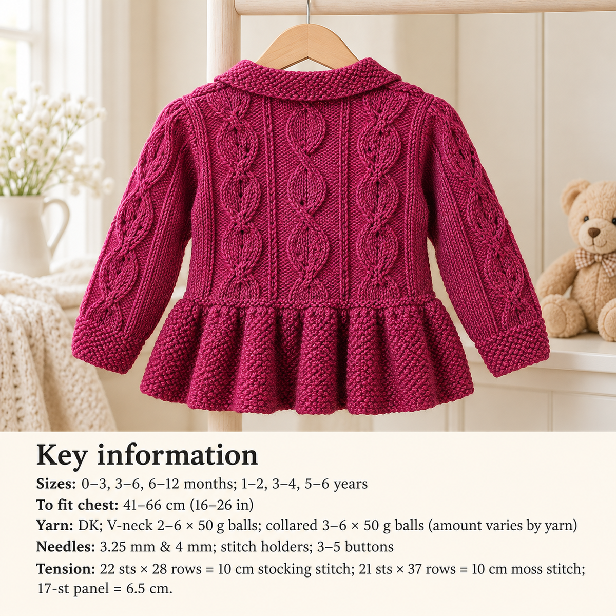 Childs V neck Cardigan with collar- Leaf Cable Pattern frilled border- DK 8ply Light worsted- 16"-6 years- Knitting Pattern download PDF