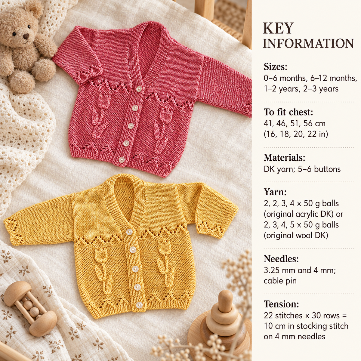 Baby Easy Flower Motif Cardigan Jacket Round & V Neck  16"- 22" ~  ( 0-3 yrs) DK 8 Ply Light Worsted Knitting Pattern pdf download