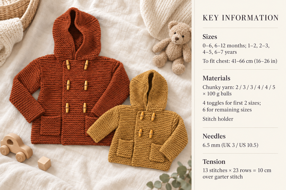 Quick Knit Baby Toddler Easy Garter stitch Duffle Jacket with hood- Pockets Chunky Bulky 12 ply" 16" -26" (0-7y) Download Knitting pattern