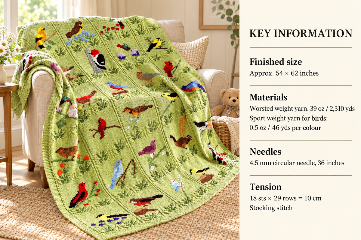 Beautiful Bird Throw Blanket Afghan 54" x 62" ~30 birds in Duplicate Stitch Leaf Design ~ Knitting Pattern PDF Instant download