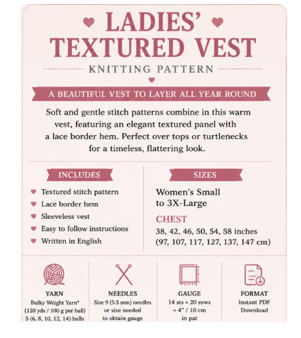 Ladies Vest Knitting Pattern PDF, Textured Sleeveless Top, Bulky Yarn, S–3XL