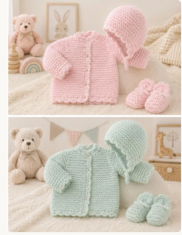 Very Small Baby Garter Stitch Cardigan & bootees- hat Premature 3-5 lbs. ( 5-8 lbs.  8-12 lbs.)