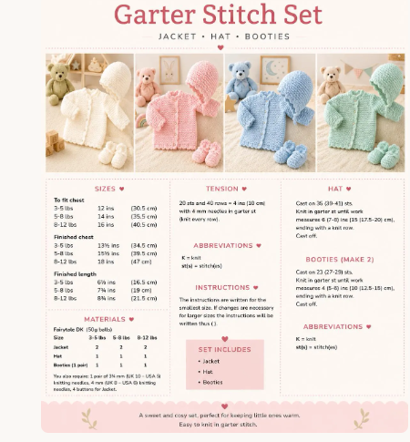 Very Small Baby Garter Stitch Cardigan & bootees- hat Premature 3-5 lbs. ( 5-8 lbs.  8-12 lbs.)
